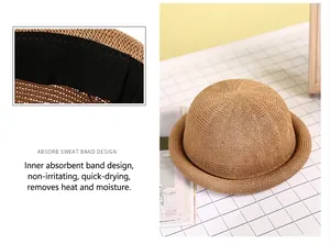Detail of breathable inner sweatband on straw dome hat for moisture-wicking comfort