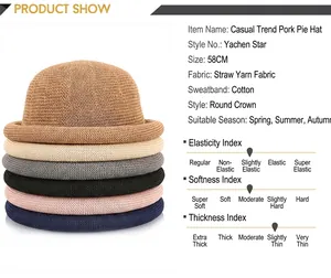 Detailed specs of assorted round straw hats with cotton sweatband in various colors