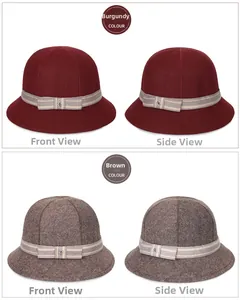 Dettagli dei cappelli a cloche in lana da donna in rosso vino e marrone con fiocco decorativo
