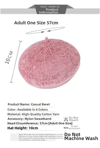 Pink knit beret details with size 57cm circumference and washing instructions guide