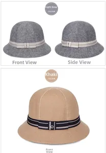 Dettagli di cappelli cloche in lana grigio chiaro e kaki con fasce decorative a righe