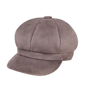 Women Retro Faux Suede Newsboy Cap Solid Color Autumn Winter Warm Octagonal Hat Adjustable British Style Beret Fashion Hat