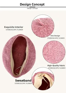 Detail view of pink beret featuring inner sweatband, adjustable strap and soft wool texture
