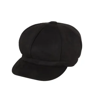 Classic black newsboy hat for women with adjustable wool-like octagonal crown and short brim