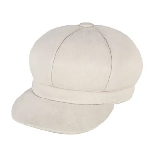Beige wool newsboy cap with eight-panel crown and adjustable brim for winter warmth