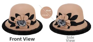 Detail view of khaki wool bucket hat with plush trim and decorative fabric flower