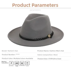 Detail of wool fedora hat showing 57cm size specs and textile care instructions