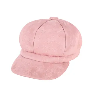 Pink faux suede newsboy hat for women with adjustable octagonal retro design