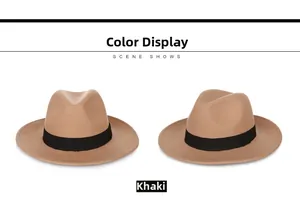 Detail view of khaki wool fedora hats with black ribbons from multiple angles
