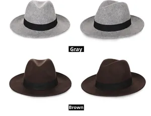 Classic wool fedora hats shown in grey and brown colors with black grosgrain ribbon