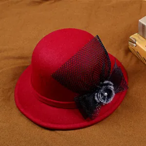 Women Retro Polyester Felt Cloche Hat With Mesh Veil Bowknot Faux Fur Pom-pom Pearl Elegant Winter Warm Party Bowler Hat