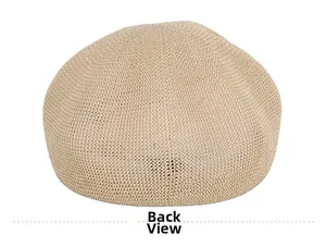 Vista posteriore dettagliata di un cappello da sole in paglia beige con trama all'uncinetto
