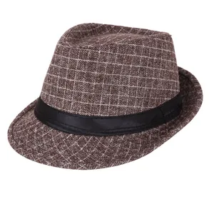 Classic brown plaid fedora hat with black decorative band for winter casual fashion
