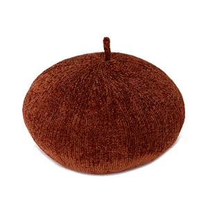 Women's Retro Knitted Beret Hat Autumn Winter Warm Solid Color Painter Hat Pumpkin Cap Soft Casual Artistic Headwear