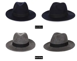Classic wool fedora hats in navy blue and dark grey with elegant black ribbon bands