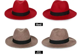 Detailed views of wool felt fedora hats in classic red and dark coffee color options
