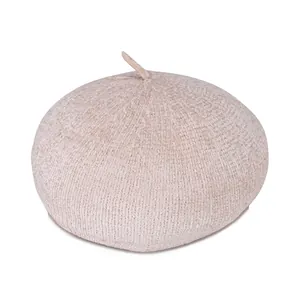 Classic apricot pink beret hat for women in warm wool-like textured fabric for autumn winter