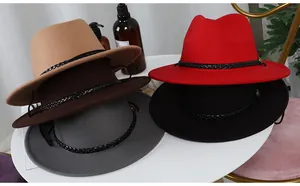 Detailed close-up of wool fedora hats with woven bands and metal buckles in five colors