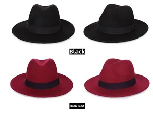Classic wide brim wool felt fedora hats shown in black and deep red colors with ribbon band