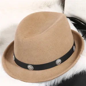 Classic kids wool fedora in khaki with black leather belt and silver sun rivets