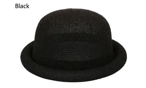 Detail of black woven bowler hat featuring breathable mesh texture and rolled brim style