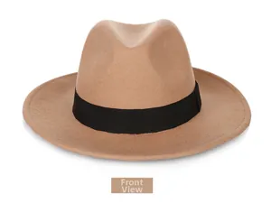 Front view of classic camel wool fedora hat with elegant black grosgrain ribbon band