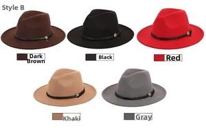Selection of five felt fedora hats with woven belts in dark brown, black, red, khaki, and grey