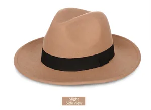 Side view detail of a classic camel wool fedora hat with a black decorative ribbon band