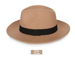 Side view of classic wool felt fedora hat in camel brown with black grosgrain band