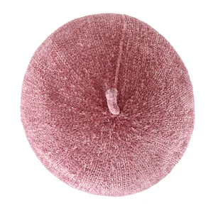 Pink chenille beret hat with soft knit texture and top stem in minimalist view