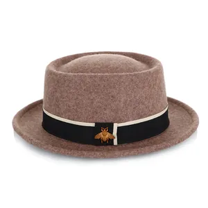 Retro Wollen Vilt Jazz Hoed Voor Heren Dames Winter Warm Britse Stijl Fedora Met Bijen Embleem Lint Band Effen Kleur Pork Pie Hoed