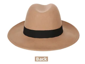 Detailed back view of camel wool fedora hat featuring elegant black decorative ribbon