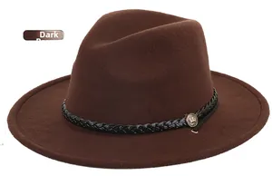 Detail view of dark brown fedora hat with a black woven band and gold metallic buckle