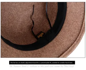 Close-up of wool fedora interior featuring black grosgrain sweatband and adjustable drawstring