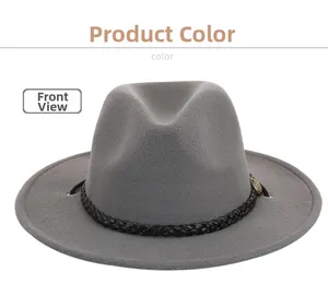 Front view of grey wool fedora hat with black woven belt and gold metal buckle detail