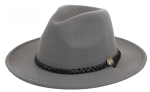 Detail view of grey wool fedora hat with black woven leather band and gold vintage buckle