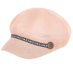 Cappello ottagonale rosa in maglia da donna con nastro NICE e bottone in metallo