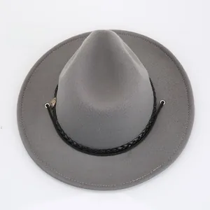 Top view of a light gray wool fedora hat showing its concave crown and woven belt detail