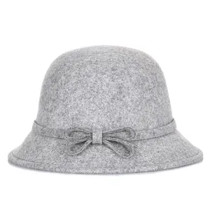 Elegant grey Australian wool felt cloche hat for women with a delicate bow detail