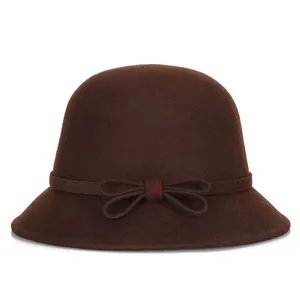 Deep brown Australian wool felt cloche hat with a delicate bow for autumn winter