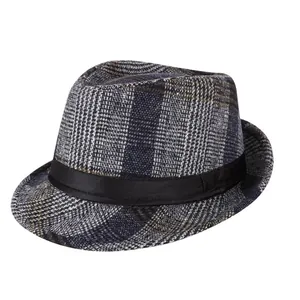 Classic British plaid fedora hat with vintage grey check pattern and black ribbon band