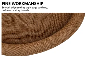 Close-up of caramel straw sun hat showing curled brim and fine woven texture details