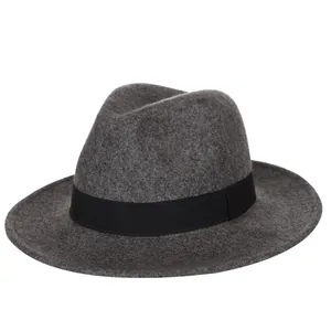 Classic dark gray wool fedora hat with black grosgrain ribbon for autumn and winter
