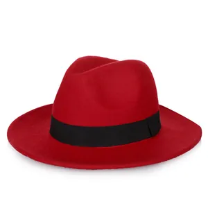 Classic red wool fedora hat with black grosgrain band, stylish vintage unisex wide brim design