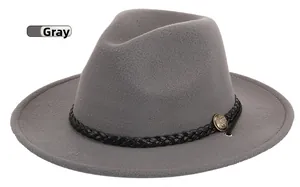 Detailed shot of grey wool fedora hat featuring black braided band and bronze metal buckle