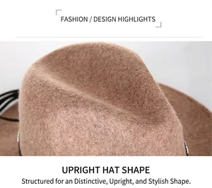 Detailed close-up of brown wool fedora with rhinestone ribbon and natural crown dent