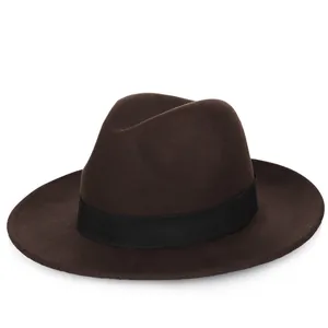 Classic dark brown wool fedora hat with black grosgrain ribbon for winter fashion