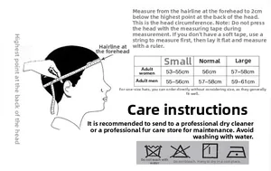 Size guide for wool felt jazz hats featuring head circumference measurements and care labels