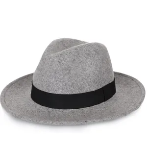 Classic grey wool fedora hat for men with black ribbon band on a white background