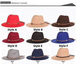 Detailed grid showing nine colors of wool fedora hats with stylish decorative leather belts